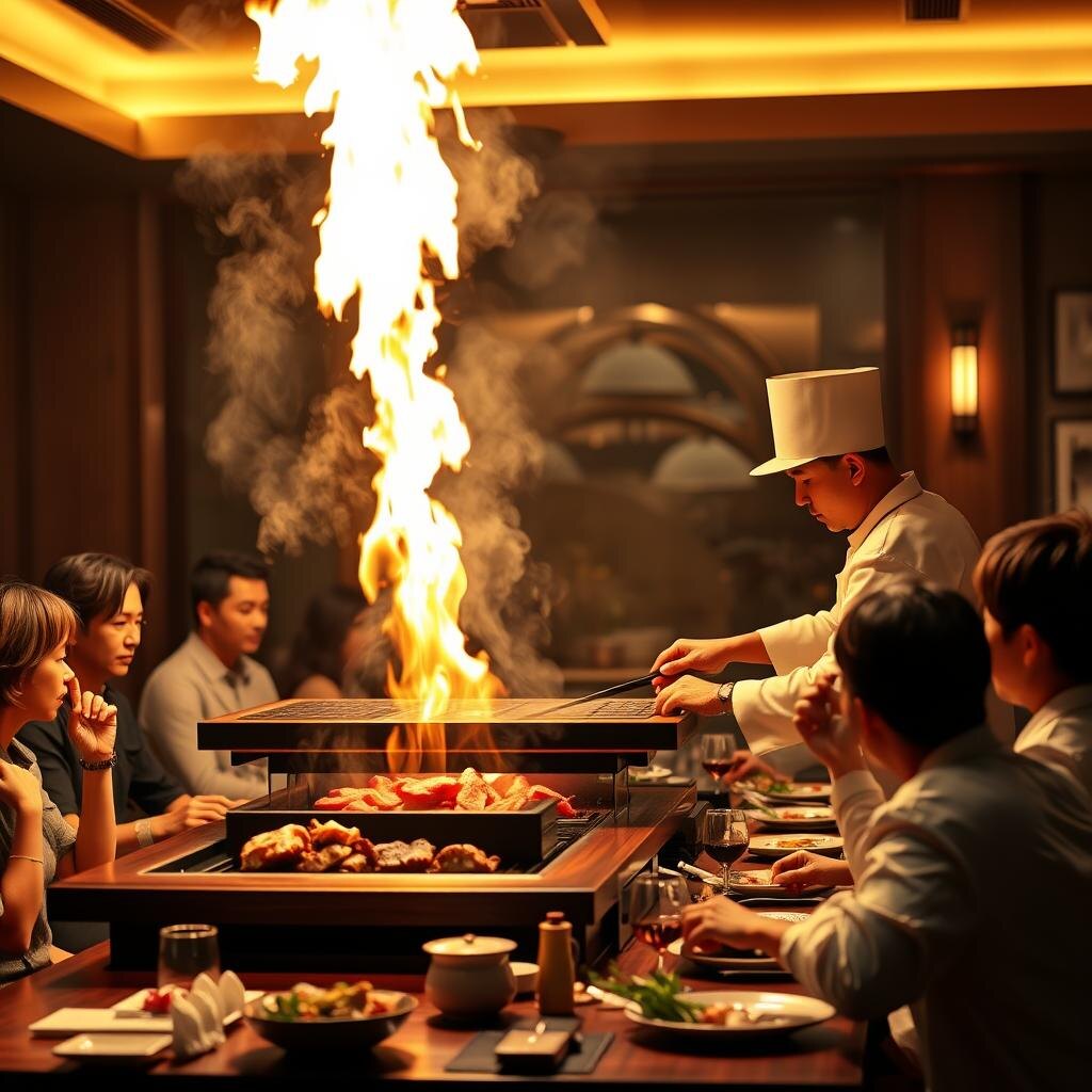 Hibachi chef cooking with flames on a teppanyaki grill in front of diners