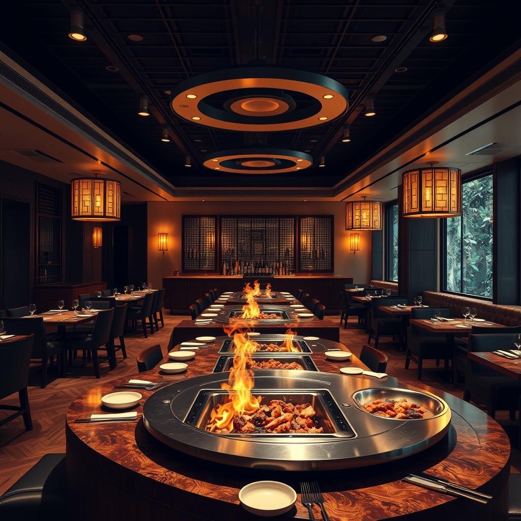 Japanese steakhouse dining room with teppanyaki tables